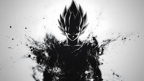 Ink-splattered anime warrior silhouette in stark contrast.