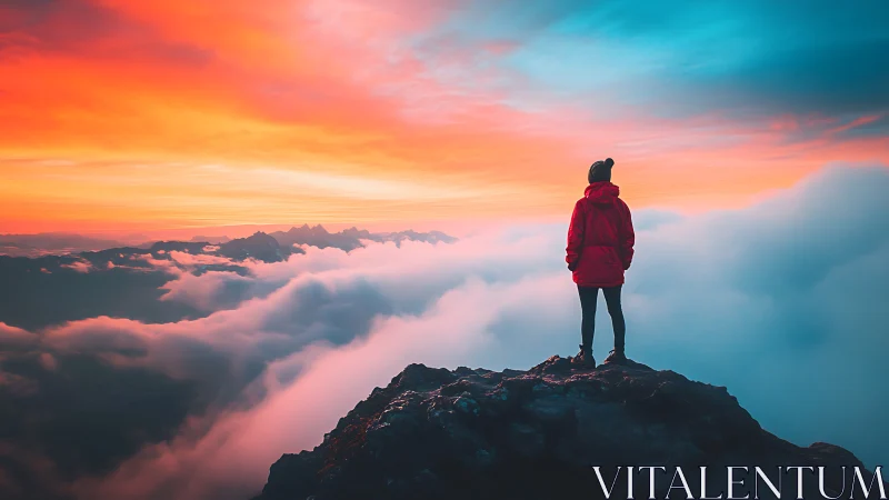 Photorealistic summit figure against vivid cloudscape horizon.