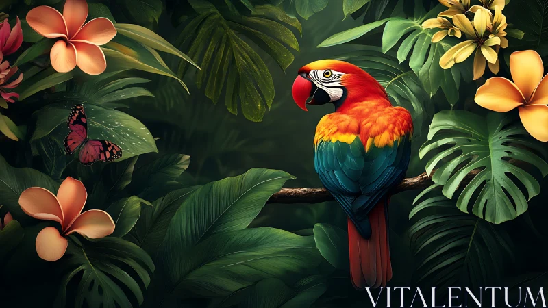 Scarlet macaw rests amid lush tropical foliage bloom.