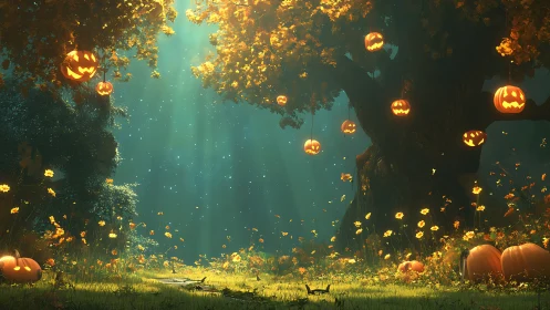 Enchanted Forest Path with Illuminated Jack-o&rsquo;-Lantern Canopy.