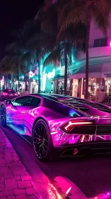 Neon-lit sports car on urban street at night scene.