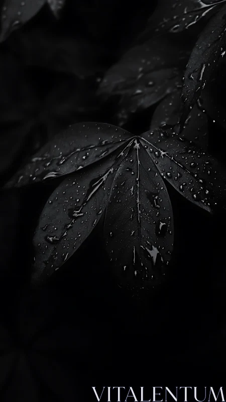 Dark leaf cluster holds rain droplets in deep shadow
