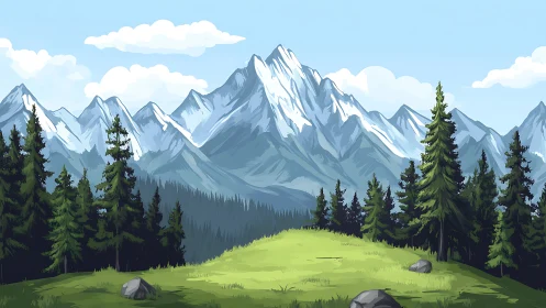Layered alpine mountain range with stylized conifer forest rendering