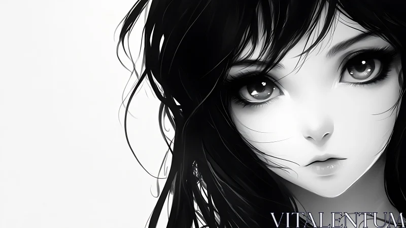 Monochrome anime portrait isolates luminous eyes in tight frame