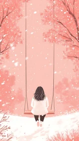 Solitary girl on swing in pastel winter forest snowfall