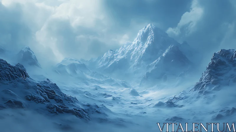 Glaciated mountain massif in atmospheric blue diffusion field.