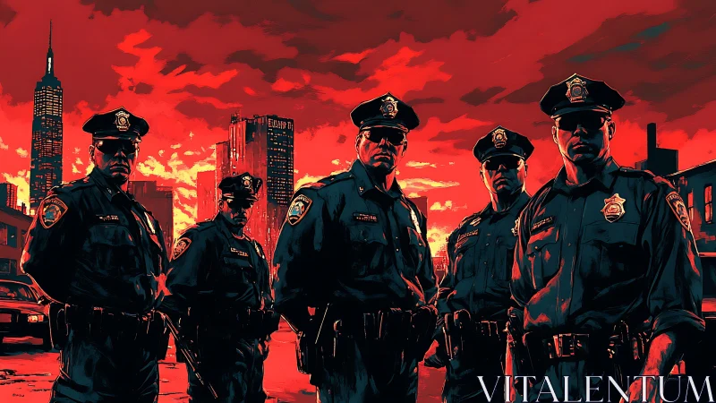 Urban police line under crimson storm-lit skyline.