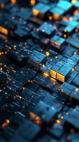 Glowing data cubes pulse across a dark futuristic gridscape