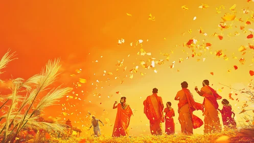 Devotees in saffron robes under cascading flower petals.
