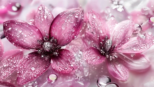 Delicate Pink Flowers Sparkle with Dewdrops and Shimmer