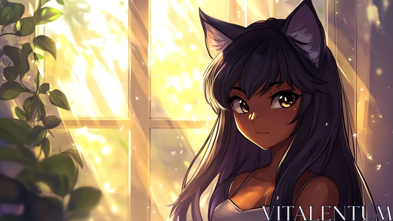 Sunlit cat-eared girl stands in golden dustlit window glow.
