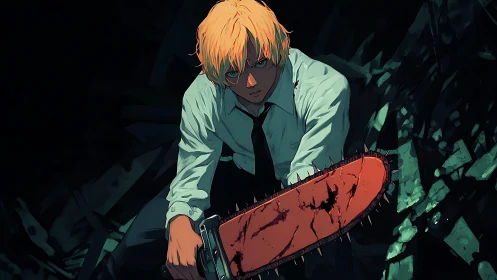 Blond anime fighter holding bloodstained chainsaw.