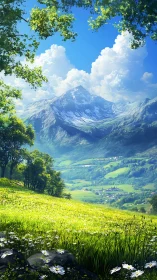 Mountain valley landscape shows layered terrain and cloud mass