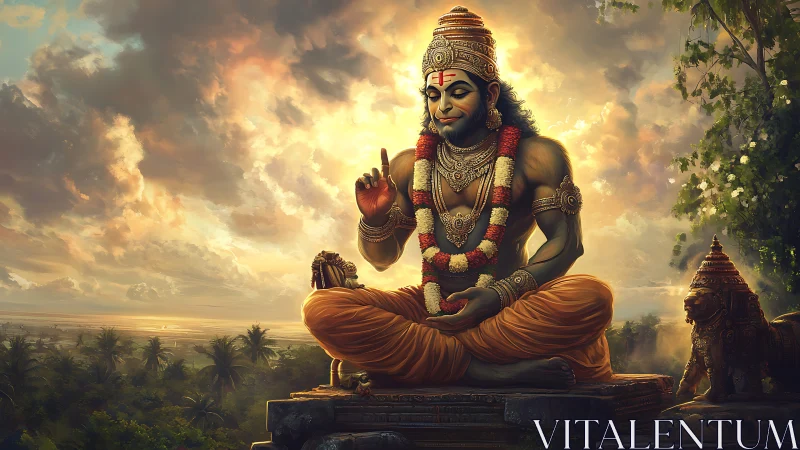 Hanuman meditating on temple platform under glowing sky