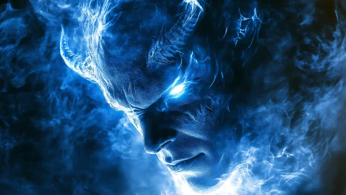 Stormlit horned wraith smoldering in electric blue silence.