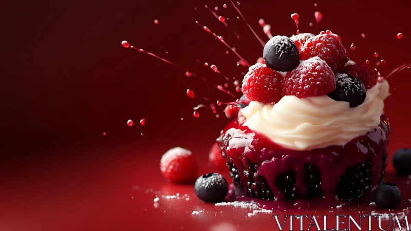 Layered dessert with red berries, cream frosting, and particle effects composition.
