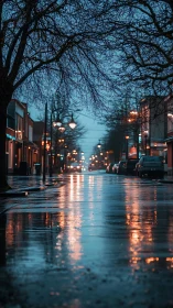 Wet city street quietly mirrors dusk’s scattered amber lights