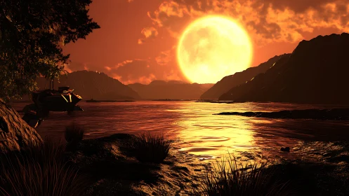 Golden alien sunset over a tranquil mountain shoreline.