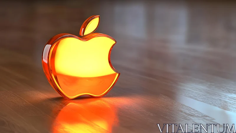 Shiny Orange Glass Apple Logo on Reflective Wooden Floor.