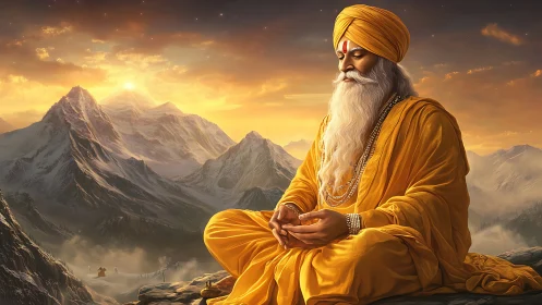 Sunlit mountain sage in saffron robes welcomes the quiet sky.