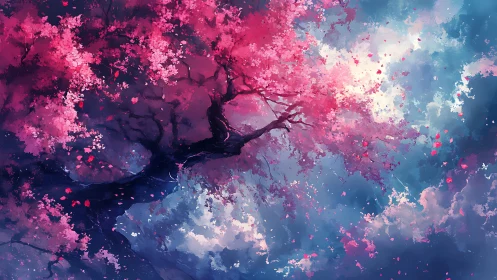 Blossom-laden dreamtree drifts weightless through painted sky