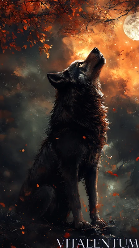 Lone wolf under full moon with autumn foliage overhead.