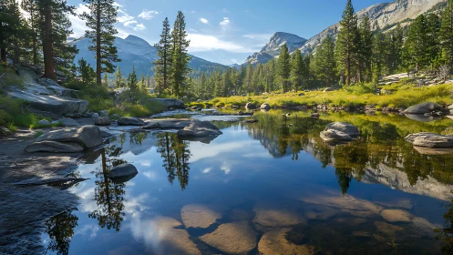 Alpine granite creek with conifer forest reflecting mountain ridge