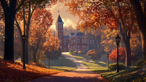 Autumn-lit collegiate hall framed by symmetrically arched trees