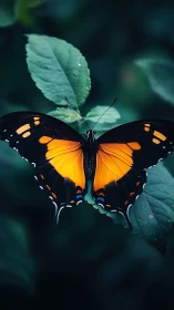 Butterfly with orange wings on leaf in shallow depth field.