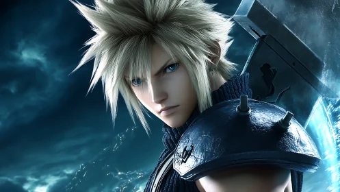 Storm-eyed swordbearer amid crackling electric twilight.