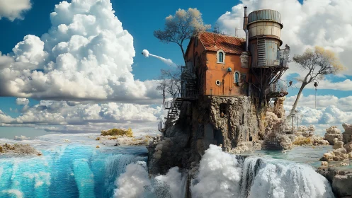 Cliffside house with water tower overlooks surreal cyan waterfalls