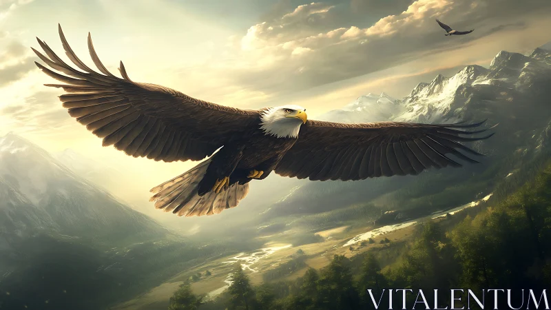 Majestic Bald Eagle Soaring Over Mountain Landscape at Sunrise.