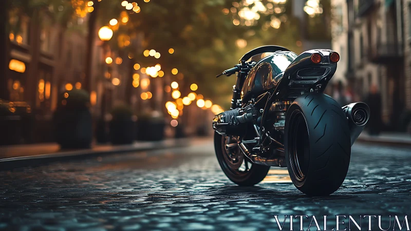 Midnight cafe racer waiting on glowing cobblestone streets.