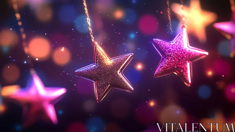 Glittering star ornaments glow amid defocused bokeh lights