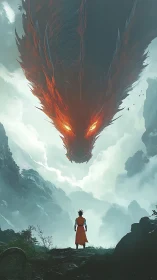 Colossal ember-lit dragon confronts lone warrior in misted ravine