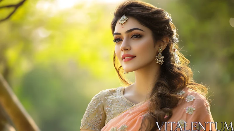 Elegant South Asian portrait in golden outdoor bokeh light.