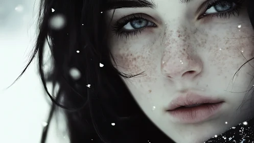 Snow-kissed freckles glow softly around calm winter eyes