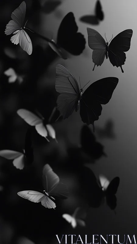 Silhouetted monochrome butterflies in soft gradient light.