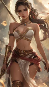 Fantasy warrior woman in ornate armor with staff weapon.