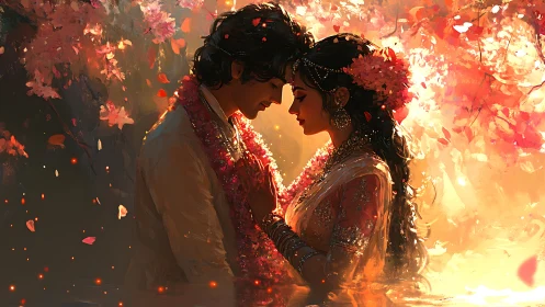 Wedding couple embraces amidst luminous floral cascade and golden atmospheric effects.