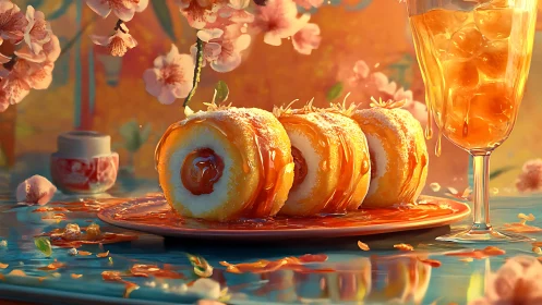 Digital painting dessert still life with floral bokeh ambiance.
