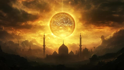 Sunlit mosque skyline under large calligraphic disc at dusk.