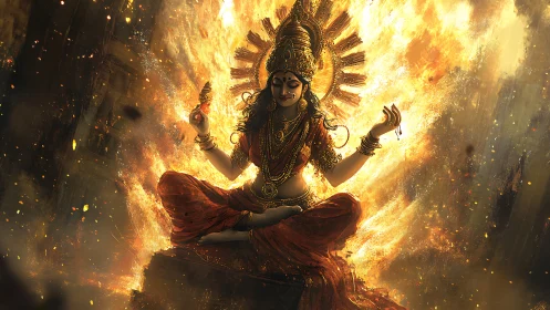 Fire goddess meditates within radiant inferno haloed flames.