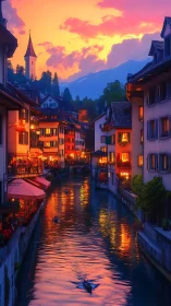 Canal town glows under vivid sunset sky with lone kayaker