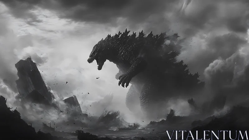 Colossal storm-lizard strides through crumbling steel horizons