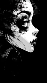 Monochrome girl’s fractured profile dissolves into darkness.