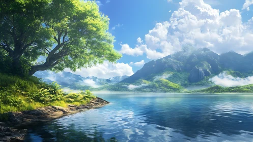 Luminous lakeside tree before misted mountains under cirrus sky
