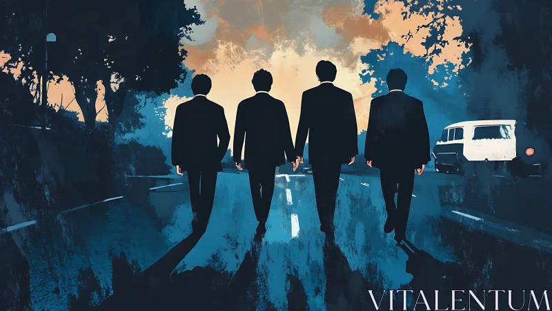 Four suited figures walk down empty road at dusk