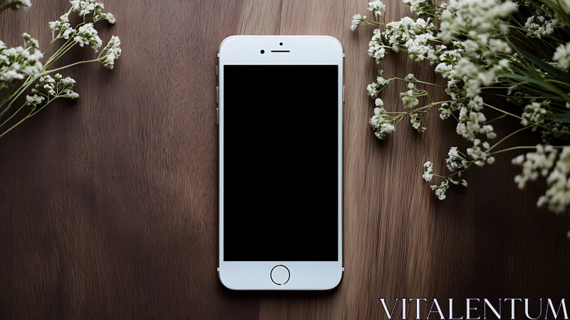 White smartphone on wooden surface surrounded by small white flowers.