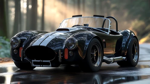 Black classic roadster with racing stripes on forest road.